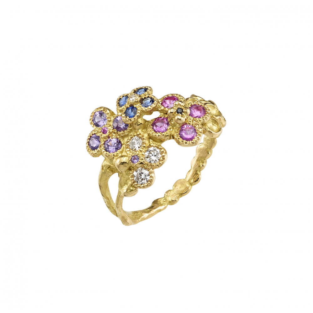 Bague Mille et une nuits Anais Rheiner pierres precieuses diamants, saphirs, or jaune 18 carat