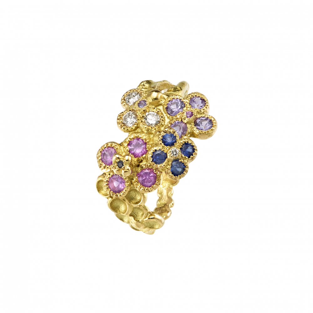 A thousand and one dreams ring Rheiner precious stones diamonds, saphirs, 18 carat yellow gold