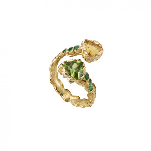 Harmony Ring by Anais Rheiner yellow gold peridot emeralds  yellos beryl