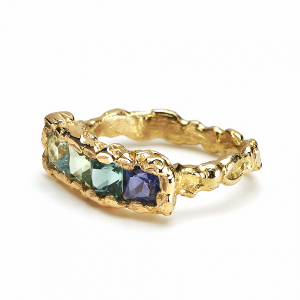 Bague Arc en ciel Or jaune tourmaline aigue-marine et iolite