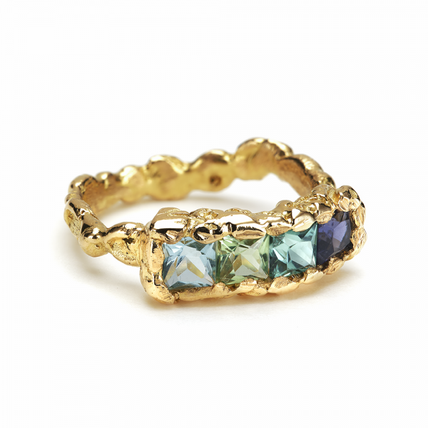 Bague Arc en ciel Or jaune tourmaline aigue-marine et iolite