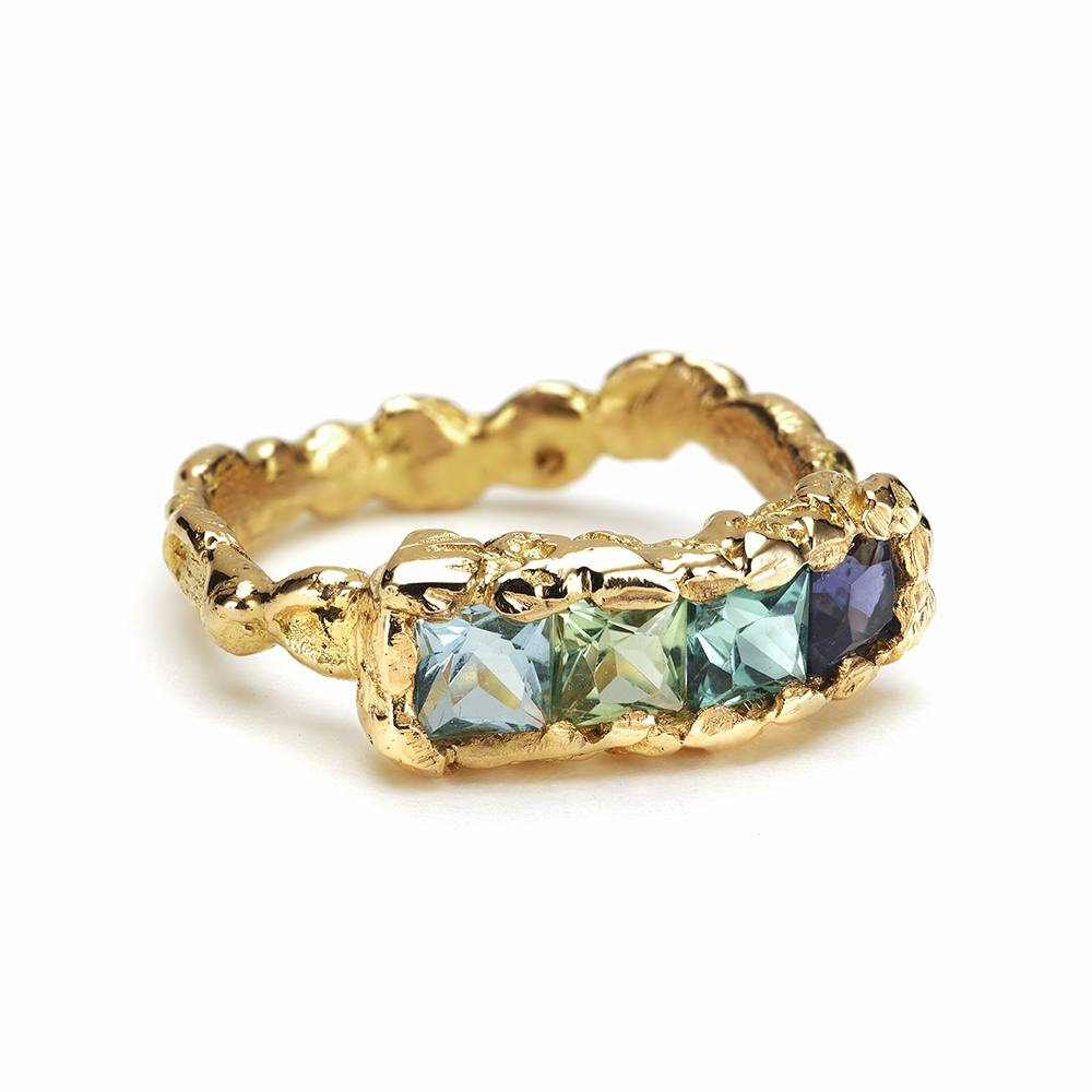 Bague Arc en ciel Or jaune tourmaline aigue-marine et iolite