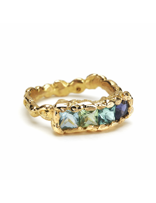 Bague Arc en ciel Or jaune tourmaline aigue-marine et iolite