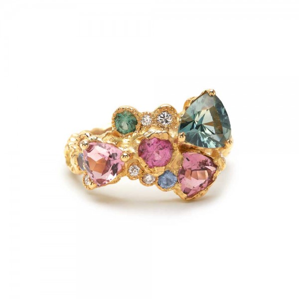 Bague or jaune 18 carat - saphir bleu -tourmalines -diamants -Anais Rheiner