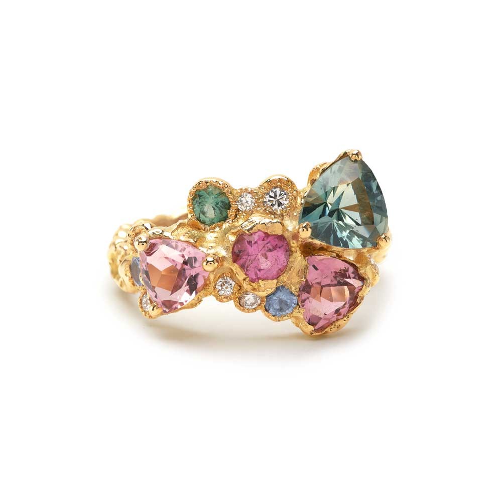 Bague or jaune 18 carat - saphir bleu -tourmalines -diamants -Anais Rheiner