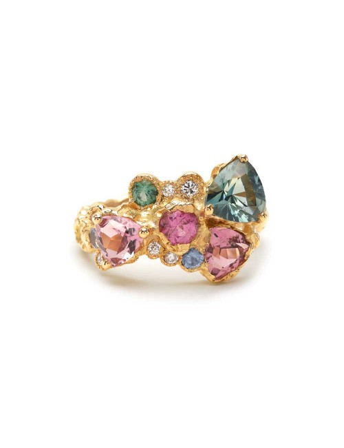 Bague or jaune 18 carat - saphir bleu -tourmalines -diamants -Anais Rheiner