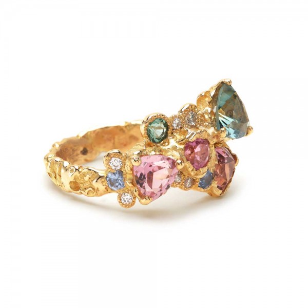 Bague or jaune 18 carat - saphir bleu -tourmalines -diamants -Anais Rheiner