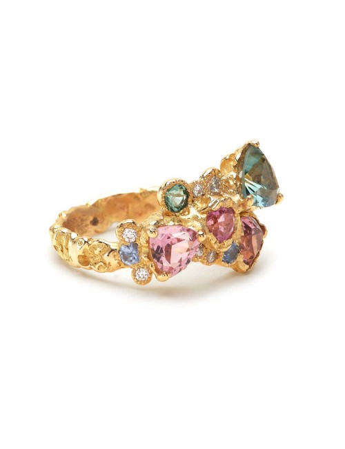 Bague or jaune 18 carat - saphir bleu -tourmalines -diamants -Anais Rheiner