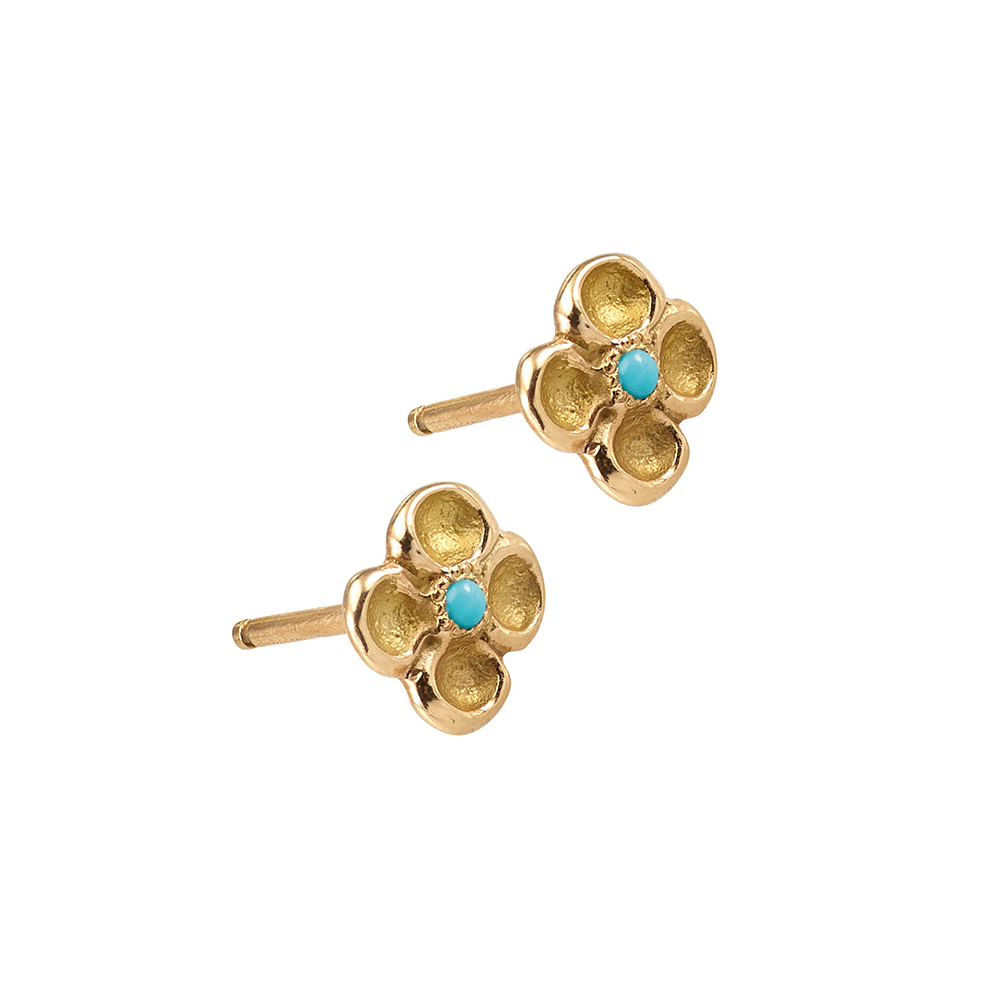 Boucles d'oreilles Rosée rose Anais Rheiner or jaune 18 carat et turquoise