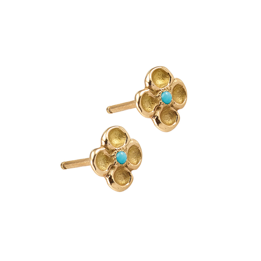 Pink dew earrings by Anais Rheiner yellow gold and turquoise