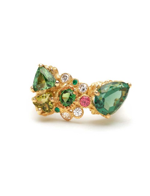 Bague or jaune tourmaline vert tzavorite peridot diamants emeraudes saphir orange Anais Rheiner