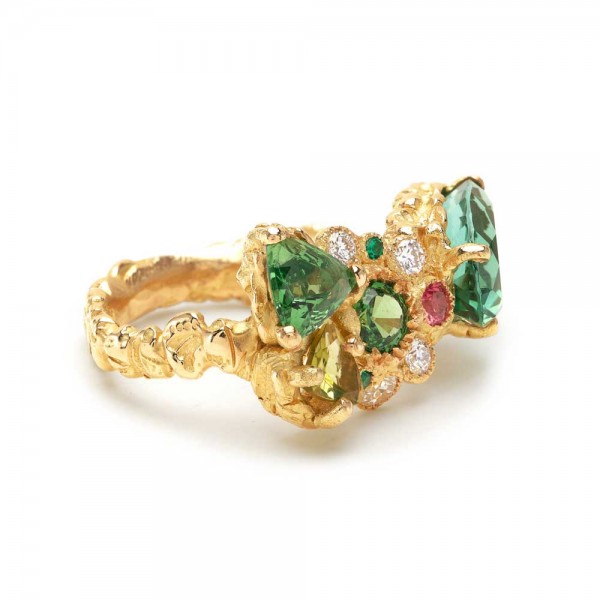 Bague or jaune tourmaline vert tzavorite peridot diamants emeraudes saphir orange Anais Rheiner