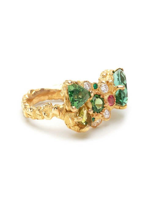 Bague or jaune tourmaline vert tzavorite peridot diamants emeraudes saphir orange Anais Rheiner