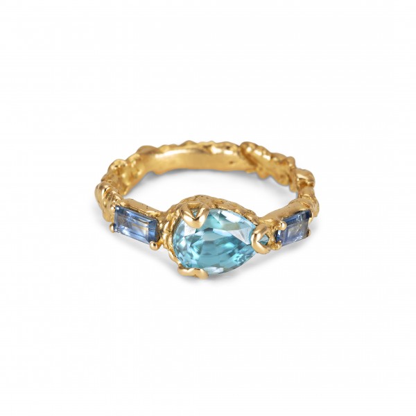 ENVOL RADIEUX bijoux bague or jaune 18 carat saphire bleu et zircon Anais Rheiner